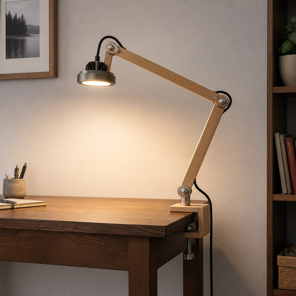 Clamp-Mounted Oak Task Lamp shown as a square photorealistic original adjustable wooden desk task lamp with warm LED light and visible real wood grain