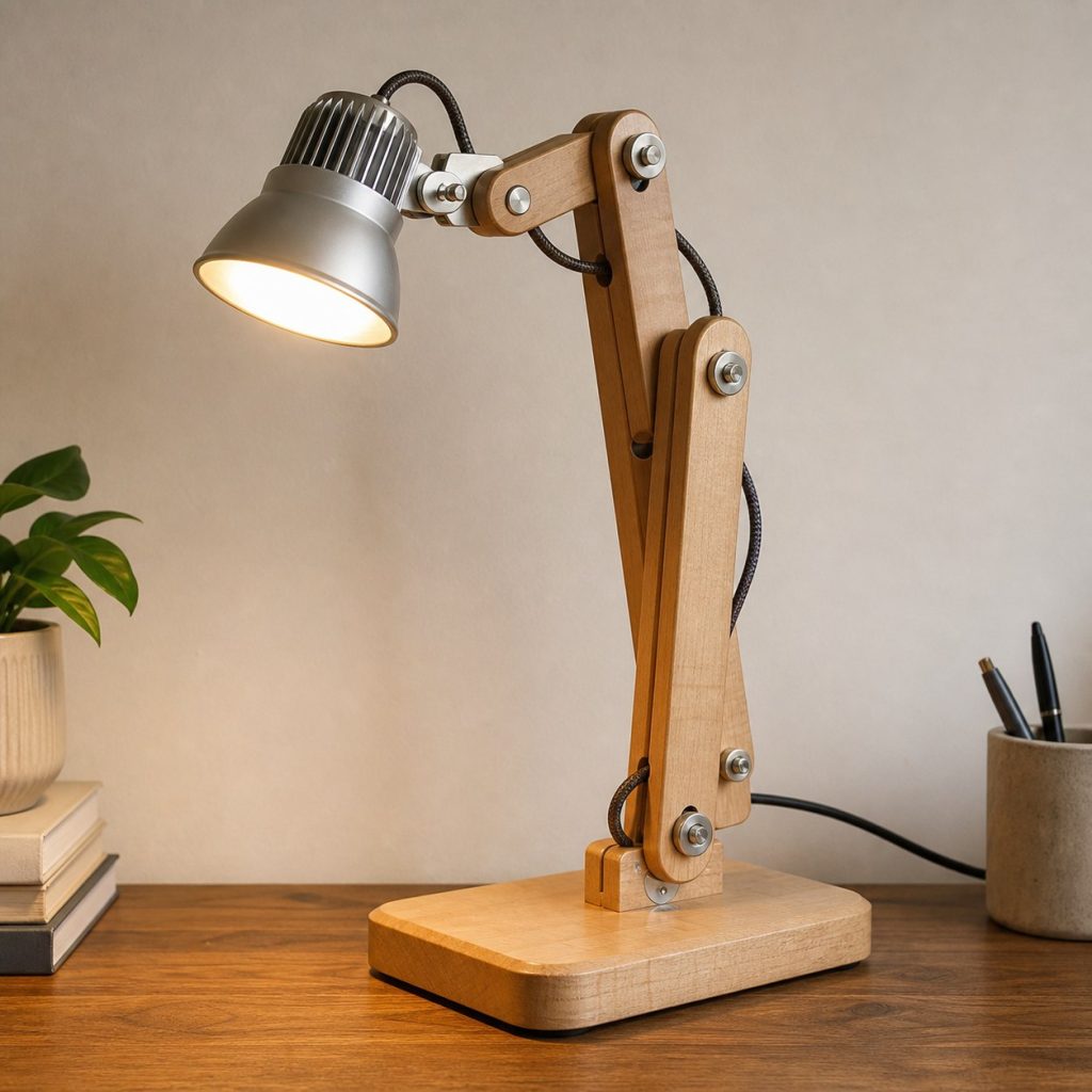 Folding Maple Task Lamp shown as a square photorealistic original adjustable wooden desk task lamp with warm LED light and visible real wood grain