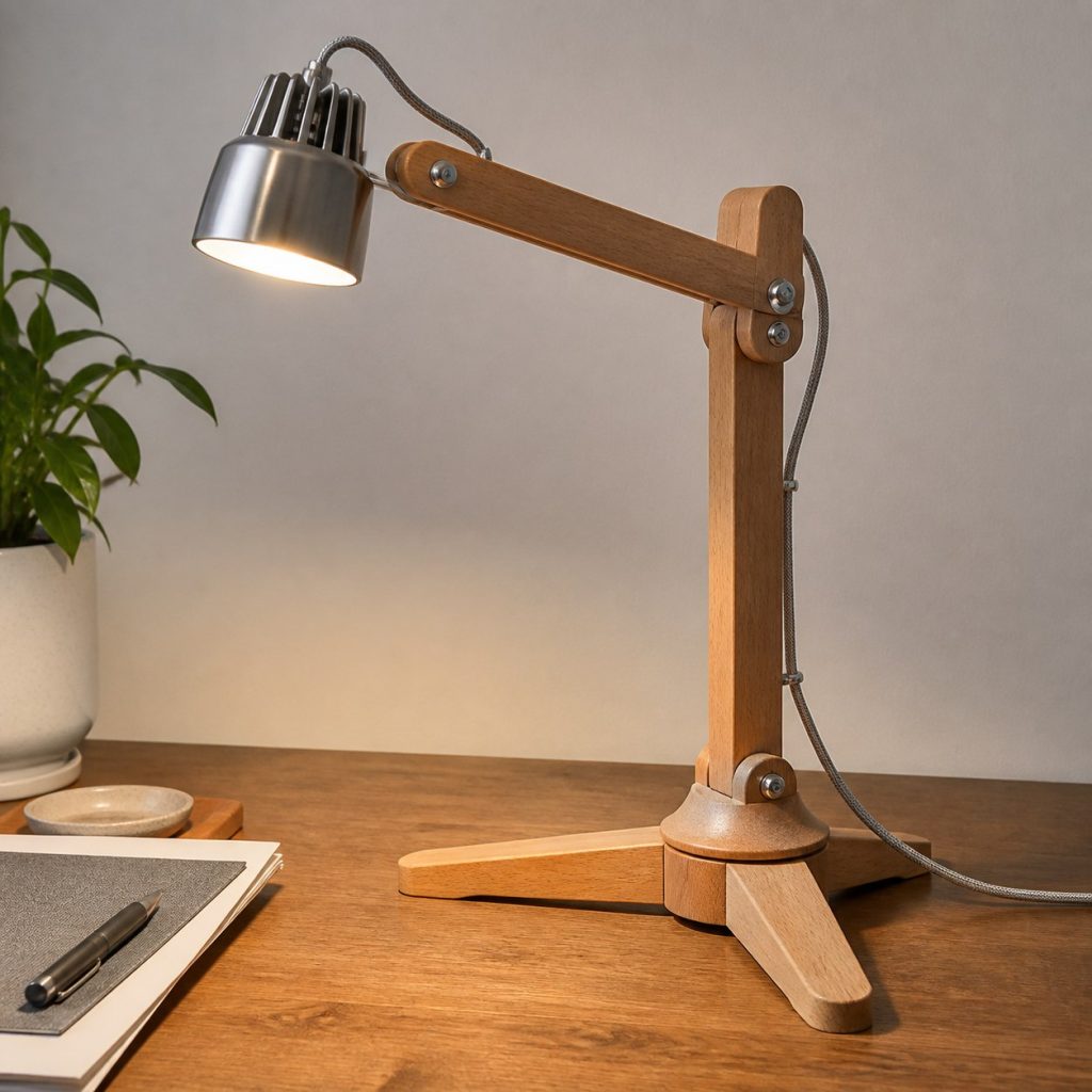 Tripod-Base Beech Task Lamp shown as a square photorealistic original adjustable wooden desk task lamp with warm LED light and visible real wood grain
