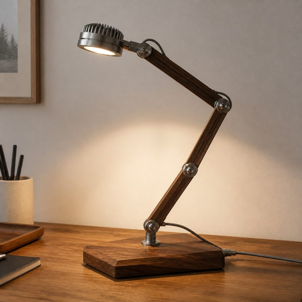 Three-Link Walnut Task Lamp shown as a square photorealistic original adjustable wooden desk task lamp with warm LED light and visible real wood grain