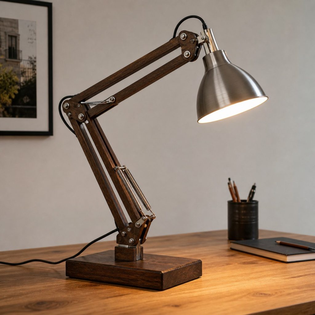 Architect-Style Dark-Oak Task Lamp shown as a square photorealistic original adjustable wooden desk task lamp with warm LED light and visible real wood grain