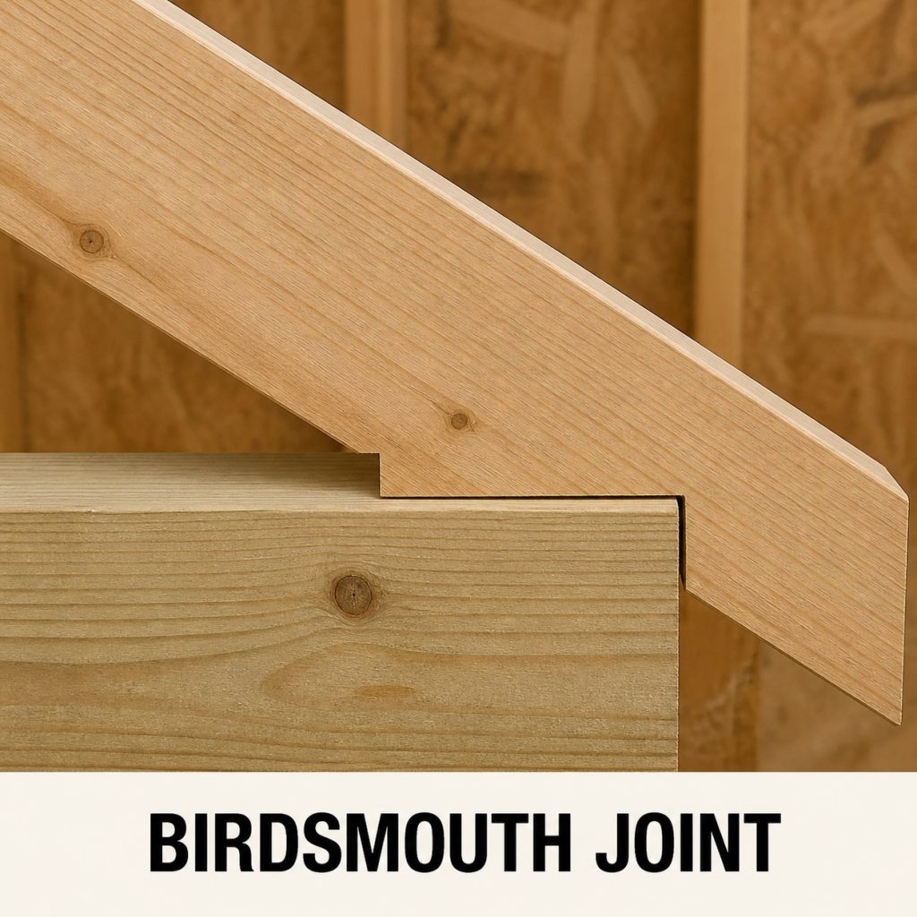 Photorealistic birdsmouth rafter notch bearing on a timber wall plate