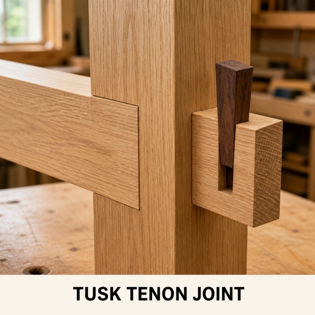 Photorealistic oak tusk tenon projecting through a post and locked with a walnut wedge
