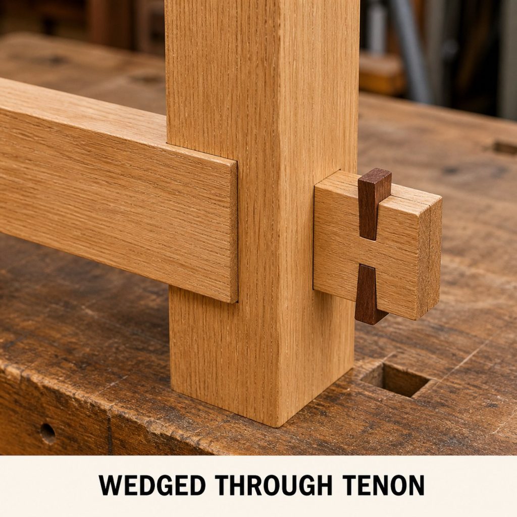 Photorealistic wedged through tenon projecting through an oak post and locked by two hardwood wedges