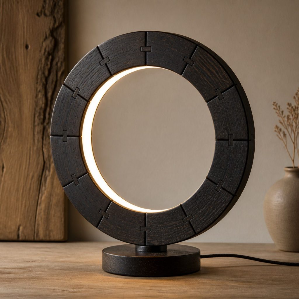 African Blackwood Segmented Halo shown as an original square photorealistic African blackwood lamp with natural purple-black to brown-black grain, distinctive construction, and warm diffused light