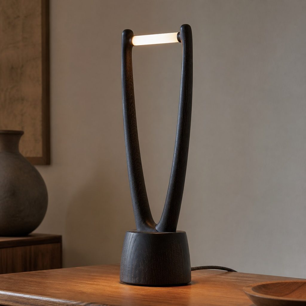 African Blackwood Tuning-Fork Lamp shown as an original square photorealistic African blackwood lamp with natural purple-black to brown-black grain, distinctive construction, and warm diffused light