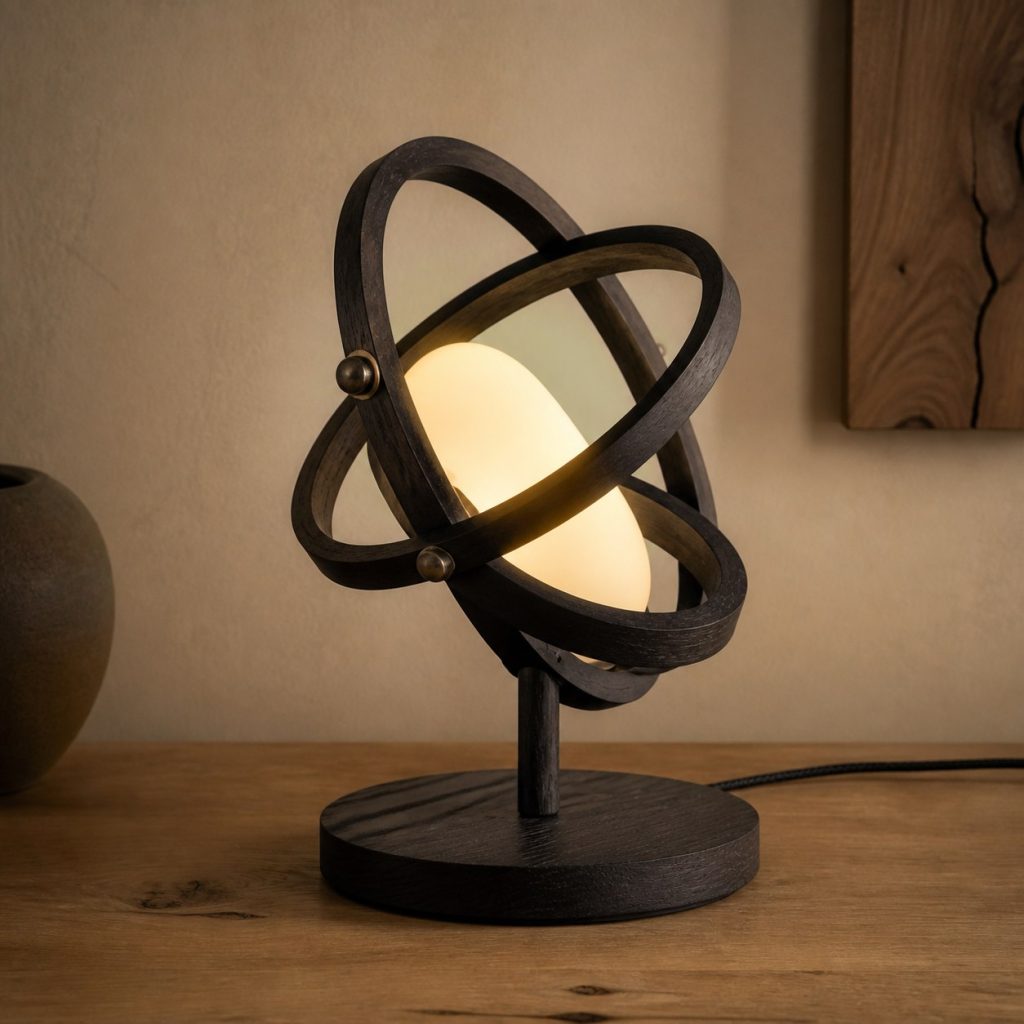 African Blackwood Orbital Lamp shown as an original square photorealistic African blackwood lamp with natural purple-black to brown-black grain, distinctive construction, and warm diffused light