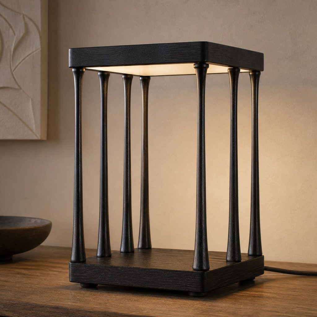 African Blackwood Colonnade Lamp shown as an original square photorealistic African blackwood lamp with natural purple-black to brown-black grain, distinctive construction, and warm diffused light