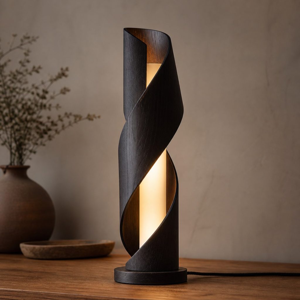 African Blackwood Twisted-Ribbon Lamp shown as an original square photorealistic African blackwood lamp with natural purple-black to brown-black grain, distinctive construction, and warm diffused light