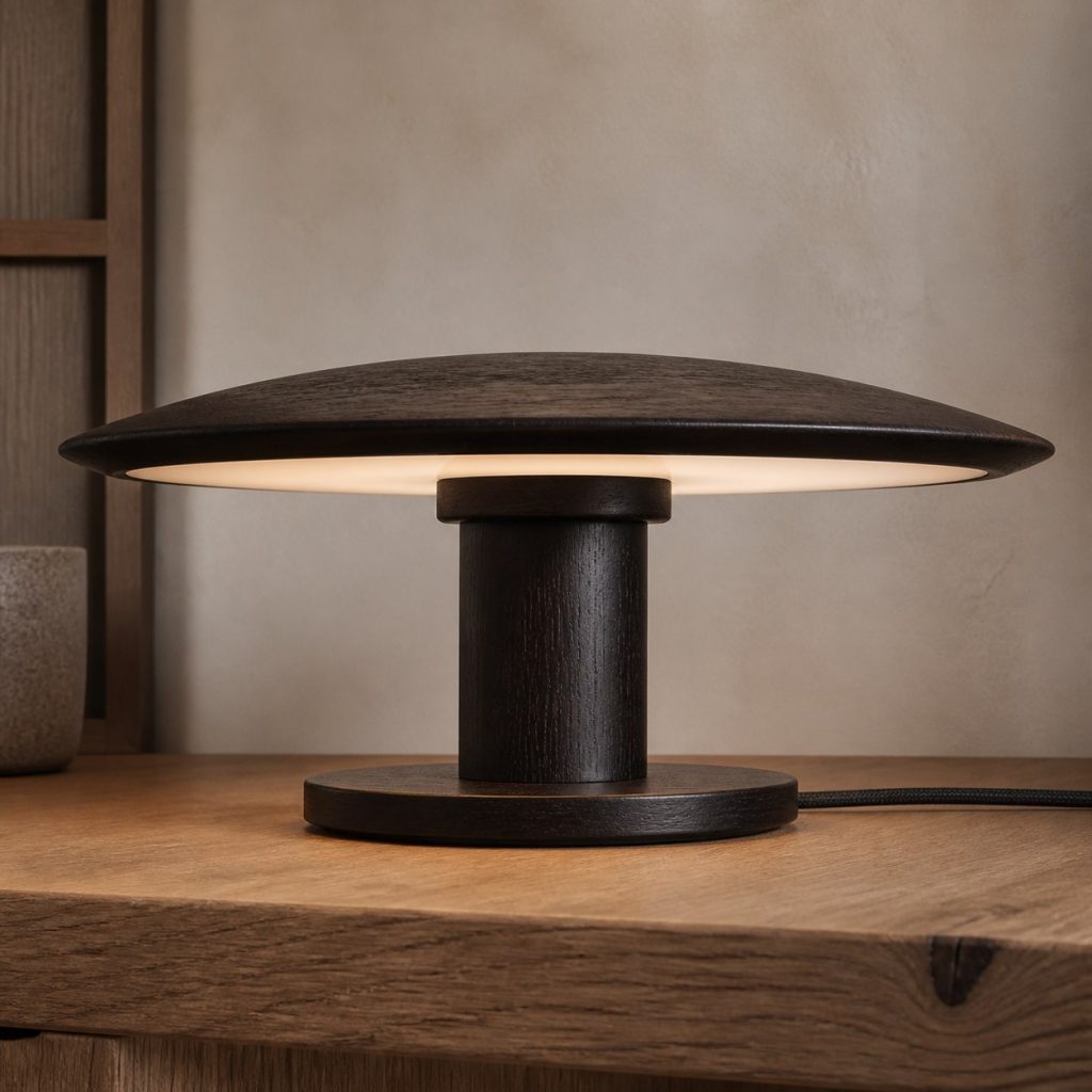 African Blackwood Discus Lamp shown as an original square photorealistic African blackwood lamp with natural purple-black to brown-black grain, distinctive construction, and warm diffused light