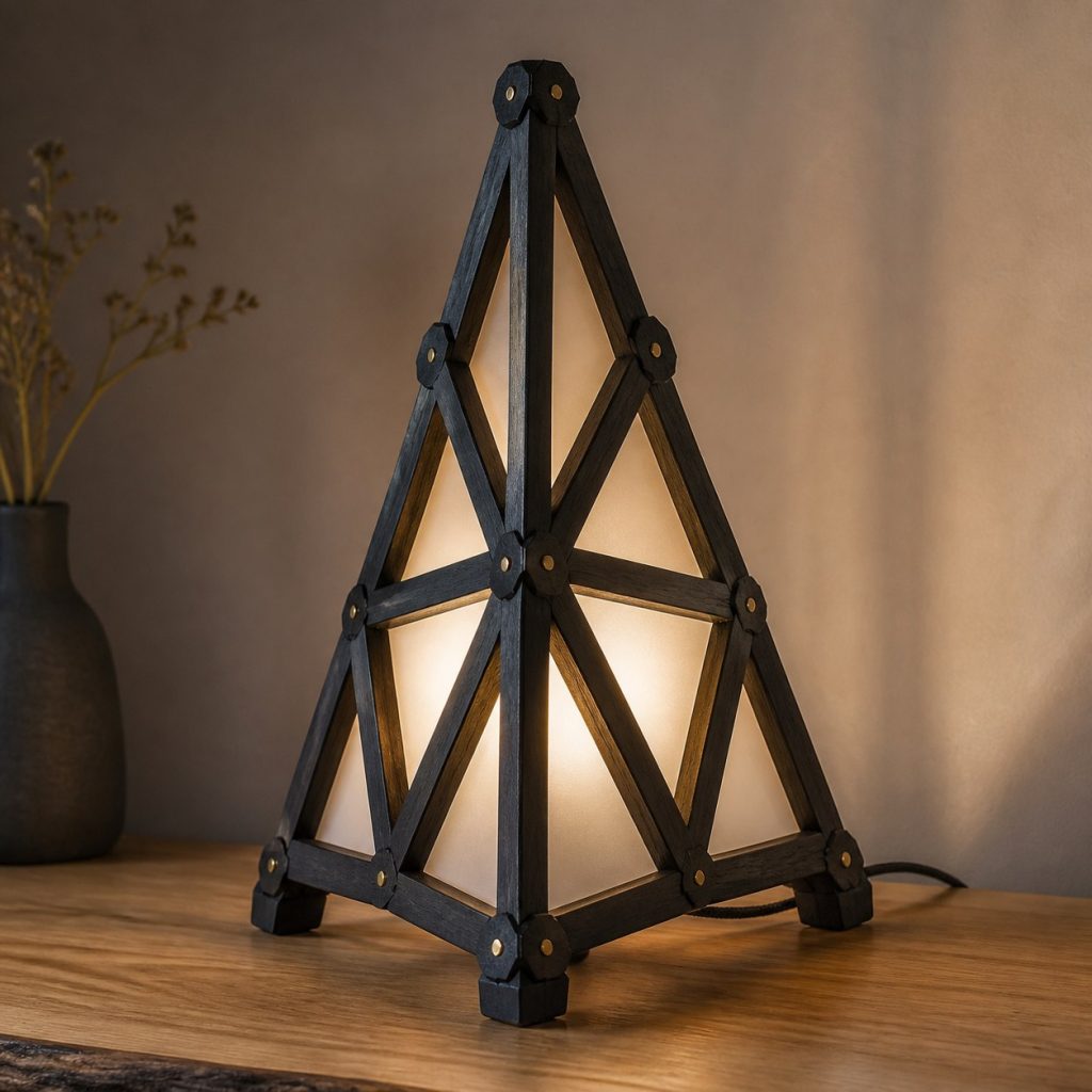 African Blackwood Lattice Prism shown as an original square photorealistic African blackwood lamp with natural purple-black to brown-black grain, distinctive construction, and warm diffused light