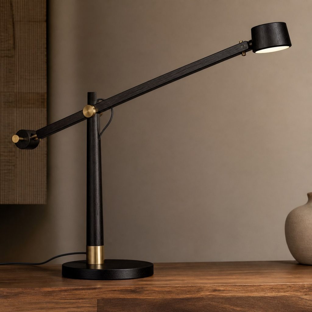 African Blackwood Precision Cantilever shown as an original square photorealistic African blackwood lamp with natural purple-black to brown-black grain, distinctive construction, and warm diffused light
