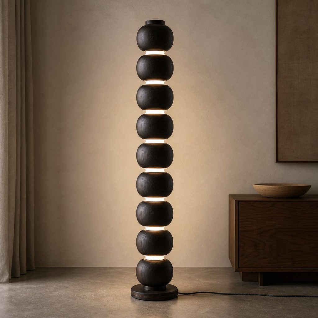 African Blackwood Bead-Stack Lamp shown as an original square photorealistic African blackwood lamp with natural purple-black to brown-black grain, distinctive construction, and warm diffused light