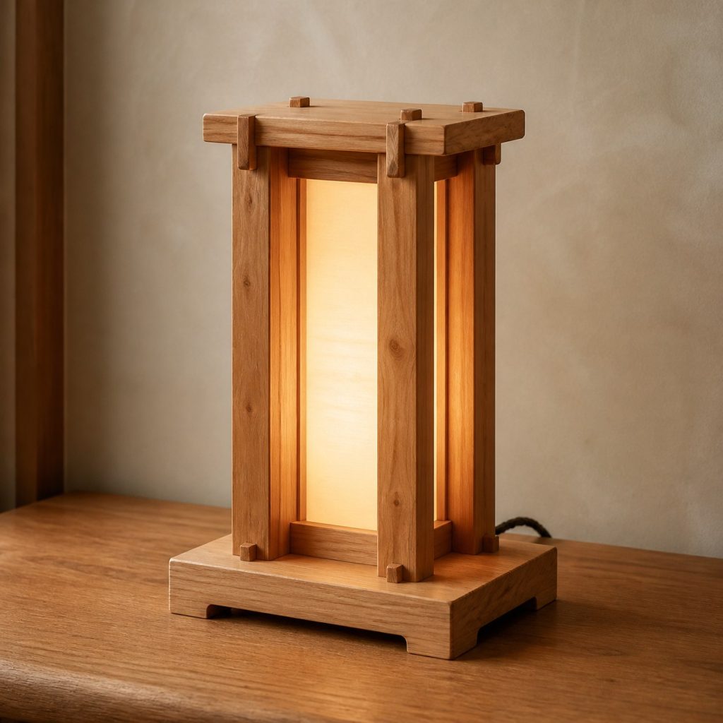 Alder Frame Diffuser Table Lamp shown as an original square photorealistic alder wood lamp with authentic grain, warm diffused light, and a short dark power cord