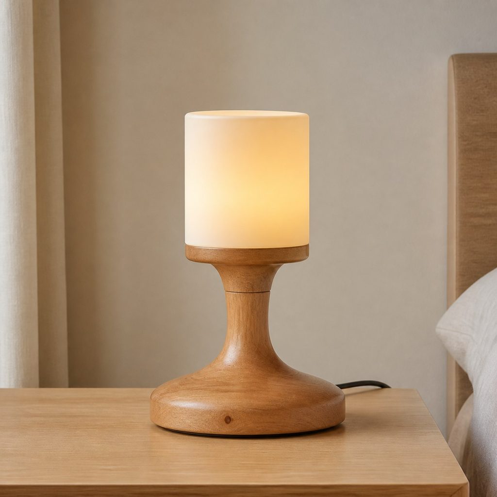 Alder Turned Bedside Lamp shown as an original square photorealistic alder wood lamp with authentic grain, warm diffused light, and a short dark power cord