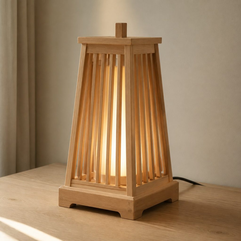 Alder Slatted Lantern Lamp shown as an original square photorealistic alder wood lamp with authentic grain, warm diffused light, and a short dark power cord