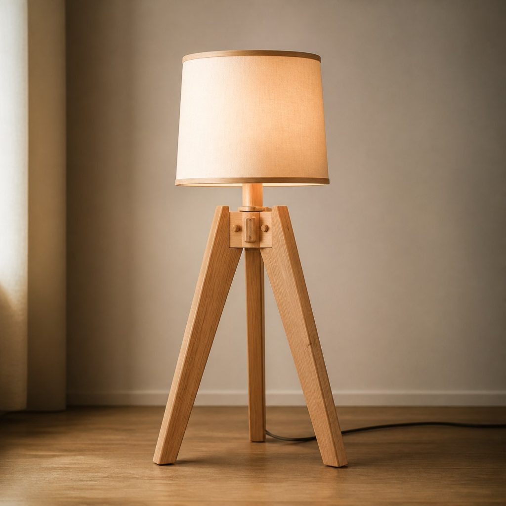 Alder Tripod Reading Lamp shown as an original square photorealistic alder wood lamp with authentic grain, warm diffused light, and a short dark power cord