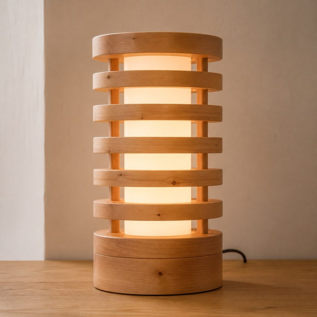 Alder Stacked Ring Lamp shown as an original square photorealistic alder wood lamp with authentic grain, warm diffused light, and a short dark power cord
