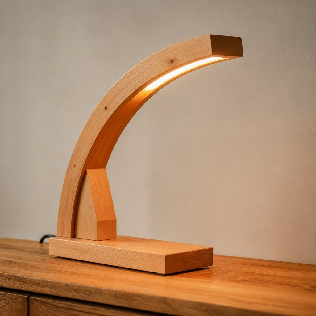 Alder Laminated Arch Lamp shown as an original square photorealistic alder wood lamp with authentic grain, warm diffused light, and a short dark power cord