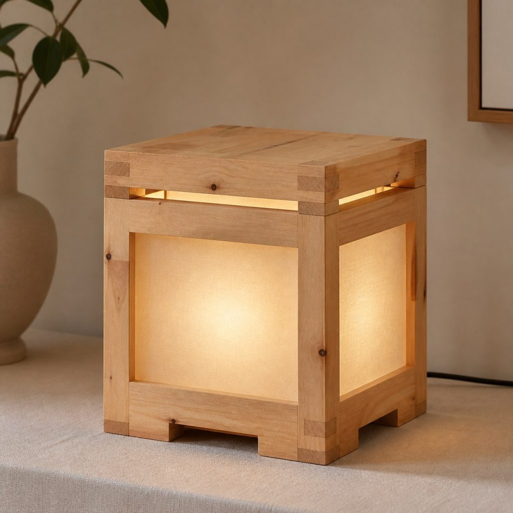 Alder Box-Jointed Cube Lamp shown as an original square photorealistic alder wood lamp with authentic grain, warm diffused light, and a short dark power cord