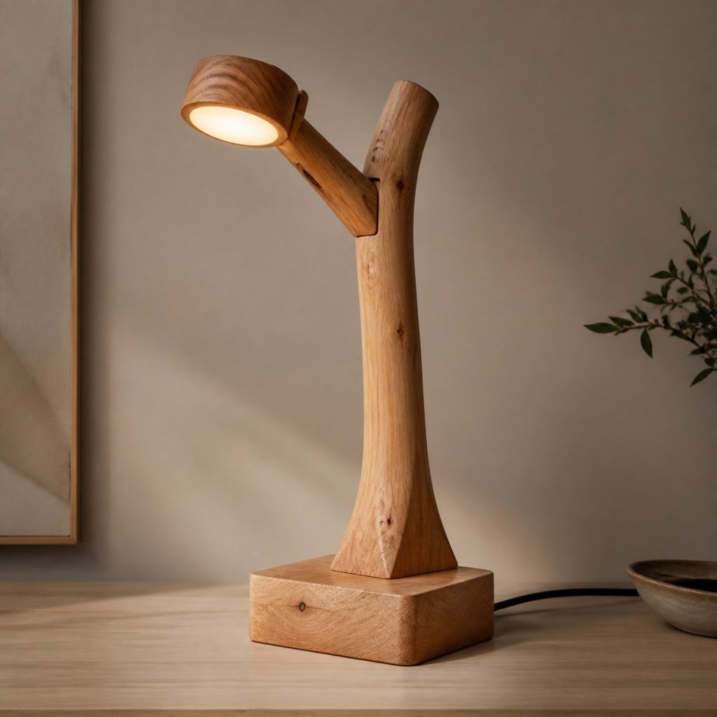 Alder Branch Reading Lamp shown as an original square photorealistic alder wood lamp with authentic grain, warm diffused light, and a short dark power cord