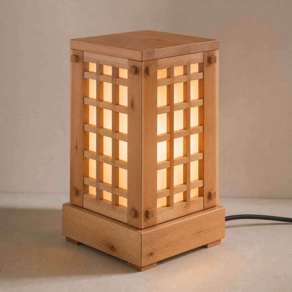 Alder Lattice Lamp shown as an original square photorealistic alder wood lamp with authentic grain, warm diffused light, and a short dark power cord