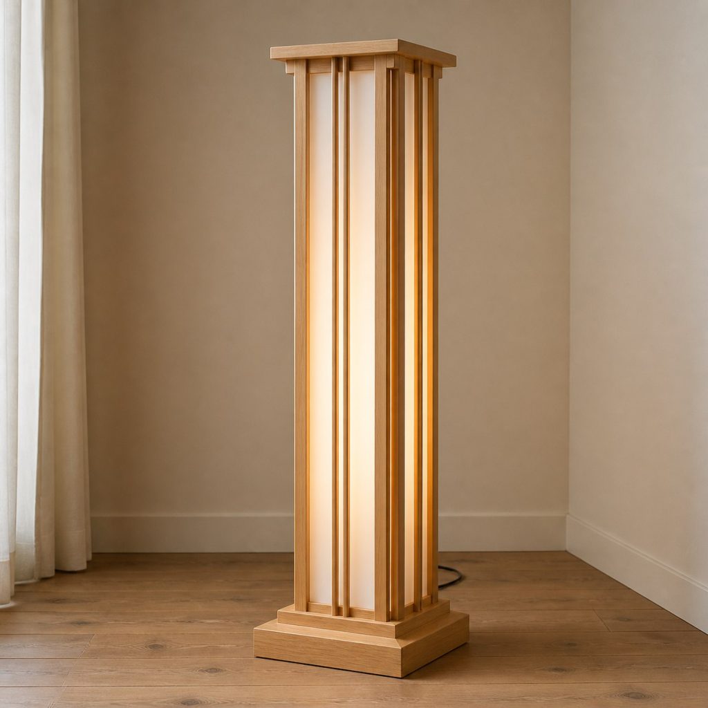 Alder Column Floor Lamp shown as an original square photorealistic alder wood lamp with authentic grain, warm diffused light, and a short dark power cord