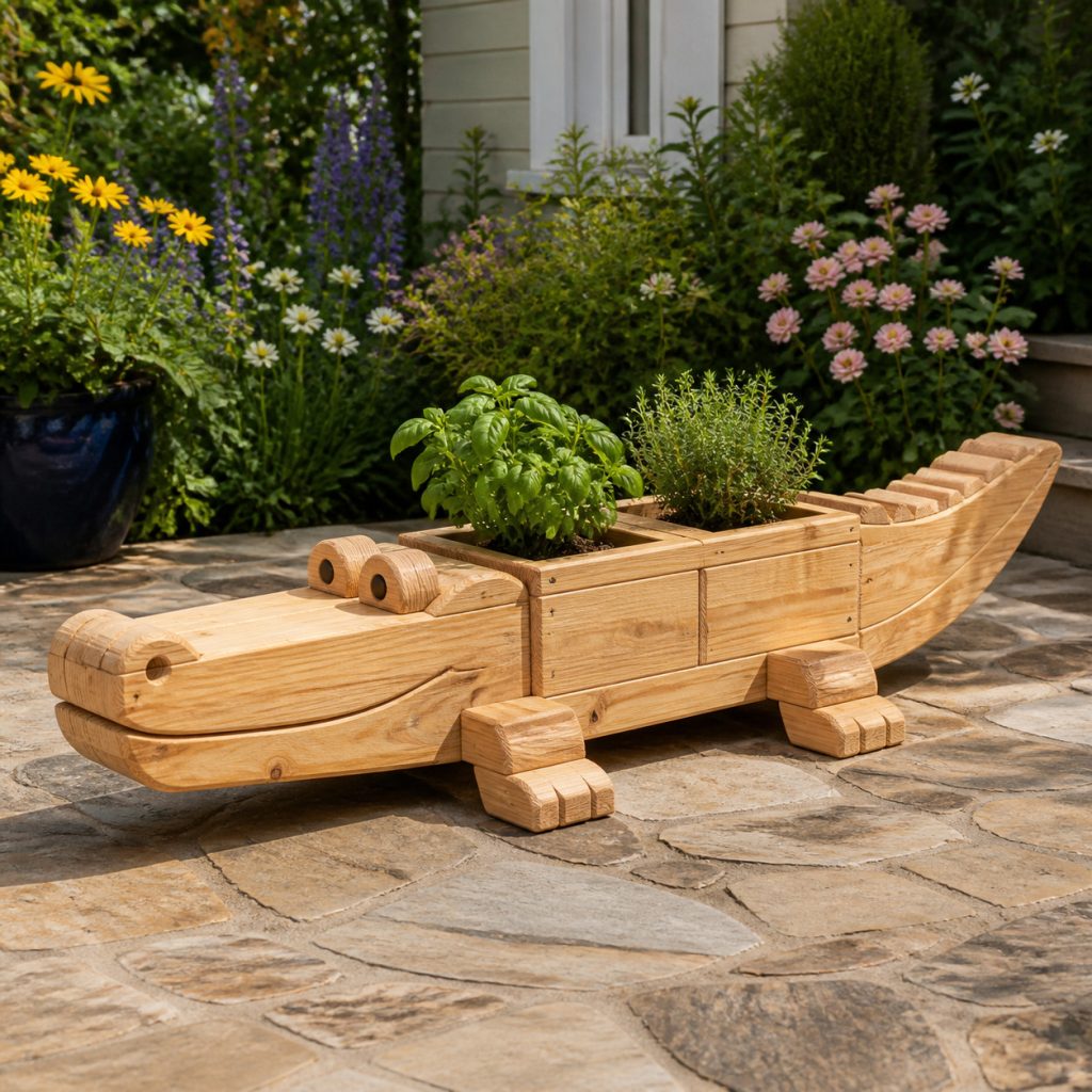 Friendly Herb-Pot Alligator shown as a square photorealistic cedar garden planter filled with cottage flowers