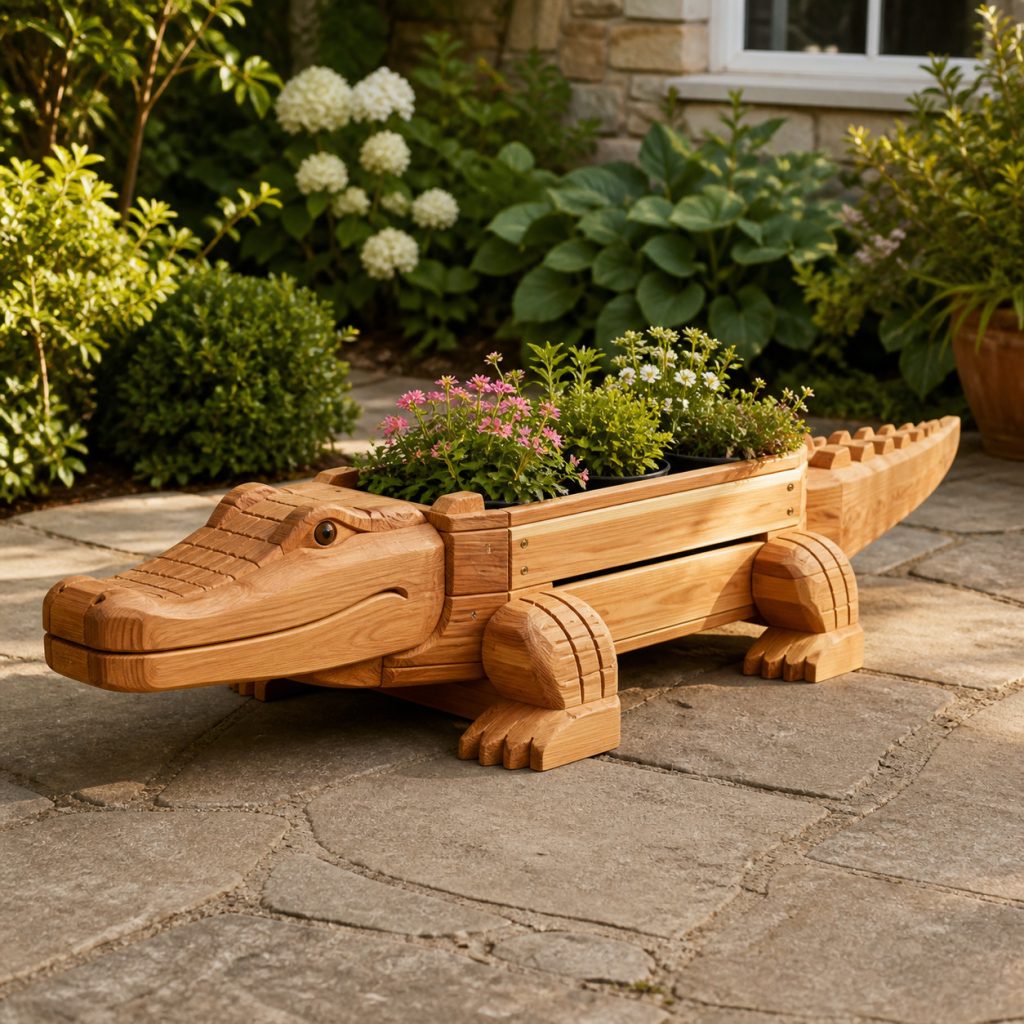 Slatted-Body Alligator Planter shown as a square photorealistic cedar garden planter filled with cottage flowers