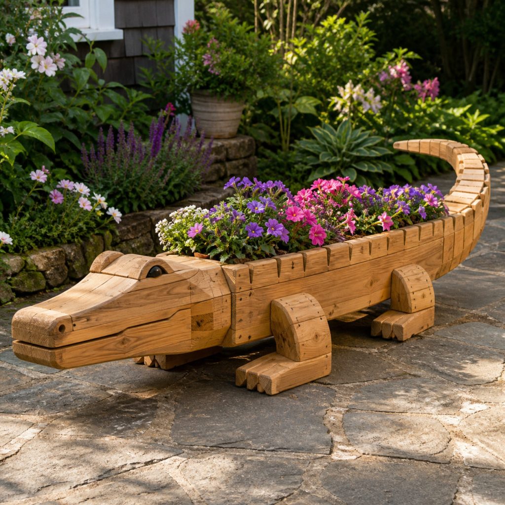 Curving-Tail Cottage Alligator shown as a square photorealistic cedar garden planter filled with cottage flowers