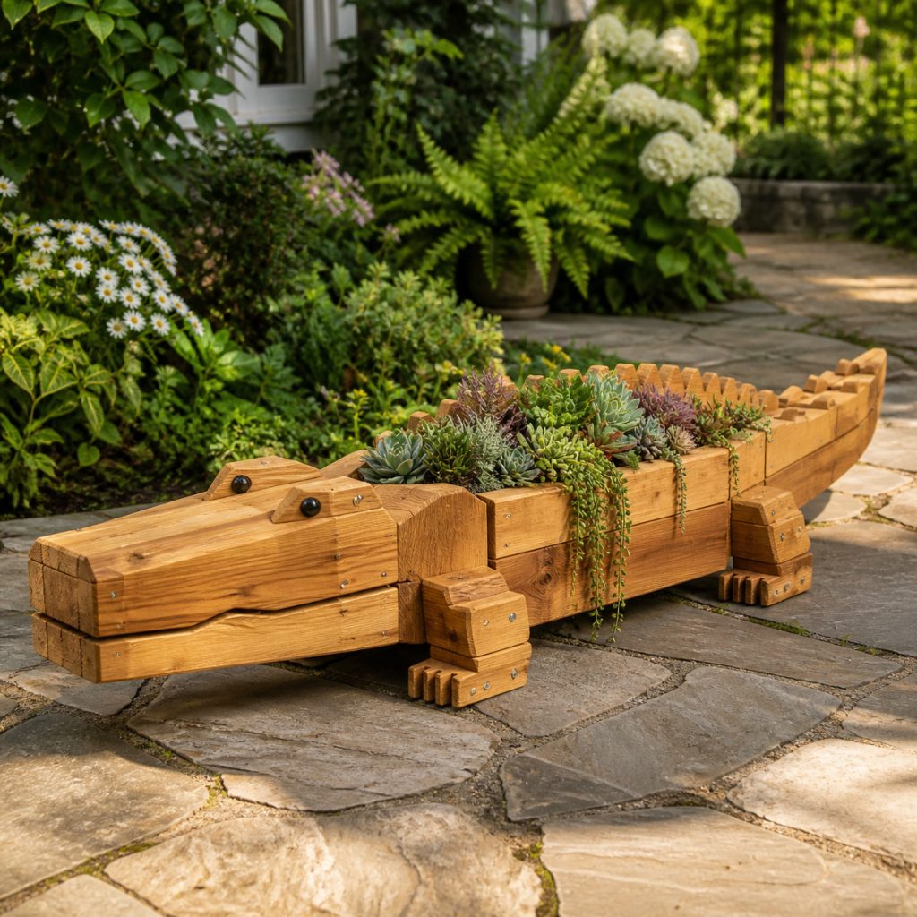 Rustic Succulent Alligator shown as a square photorealistic cedar garden planter filled with cottage flowers
