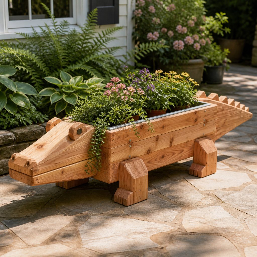 Alligator with Galvanized Tray shown as a square photorealistic cedar garden planter filled with cottage flowers