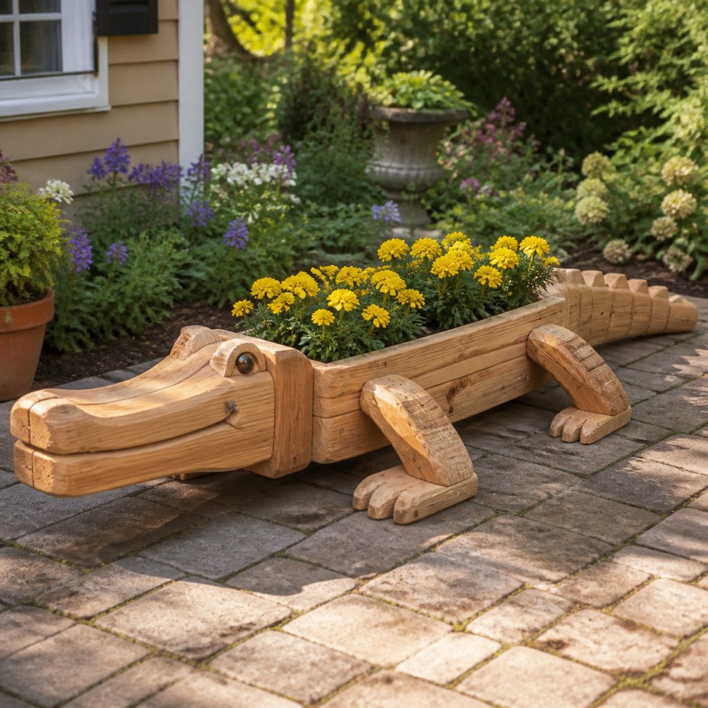 Garden-Path Marigold Alligator shown as a square photorealistic cedar garden planter filled with cottage flowers