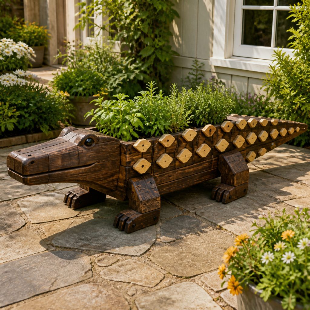 Two-Tone Scale-Inlay Alligator shown as a square photorealistic cedar garden planter filled with cottage flowers