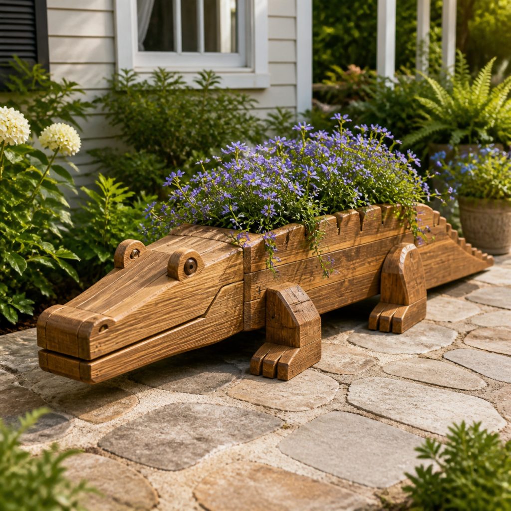 Compact Porch Alligator shown as a square photorealistic cedar garden planter filled with cottage flowers
