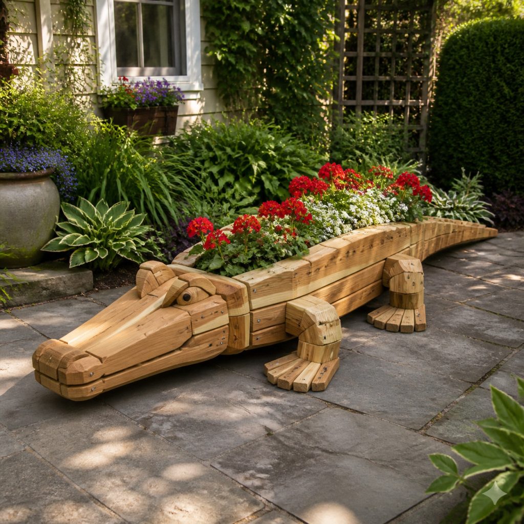 Large Flower-Spine Alligator shown as a square photorealistic cedar garden planter filled with cottage flowers
