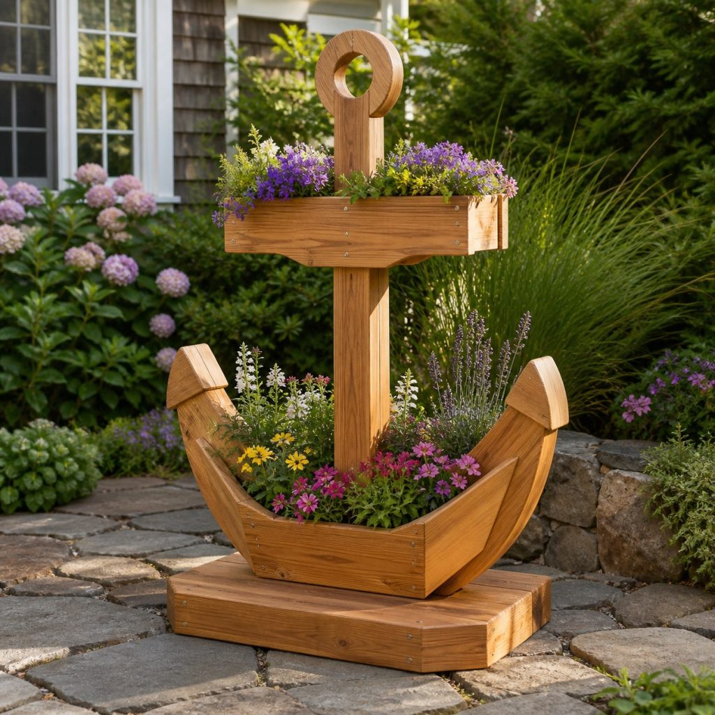 Classic Upright Cedar Anchor shown as a square photorealistic cedar anchor-shaped garden planter filled with flowers