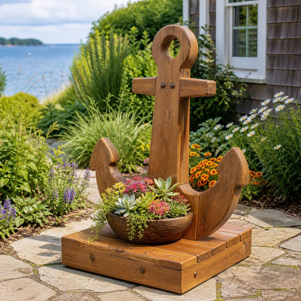 Compact Succulent Anchor shown as a square photorealistic cedar anchor-shaped garden planter filled with flowers