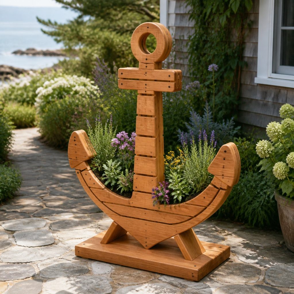 Slatted Herb-Trough Anchor shown as a square photorealistic cedar anchor-shaped garden planter filled with flowers
