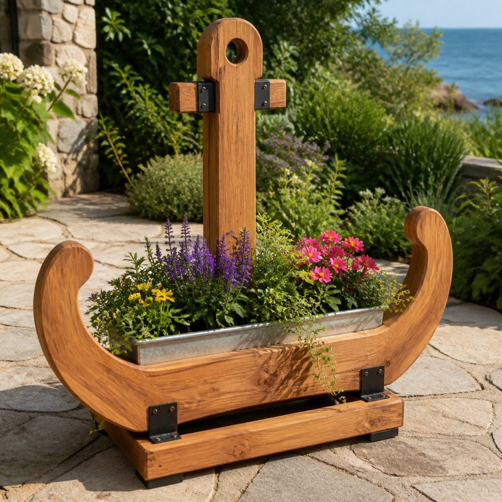 Anchor with Galvanized Liner shown as a square photorealistic cedar anchor-shaped garden planter filled with flowers