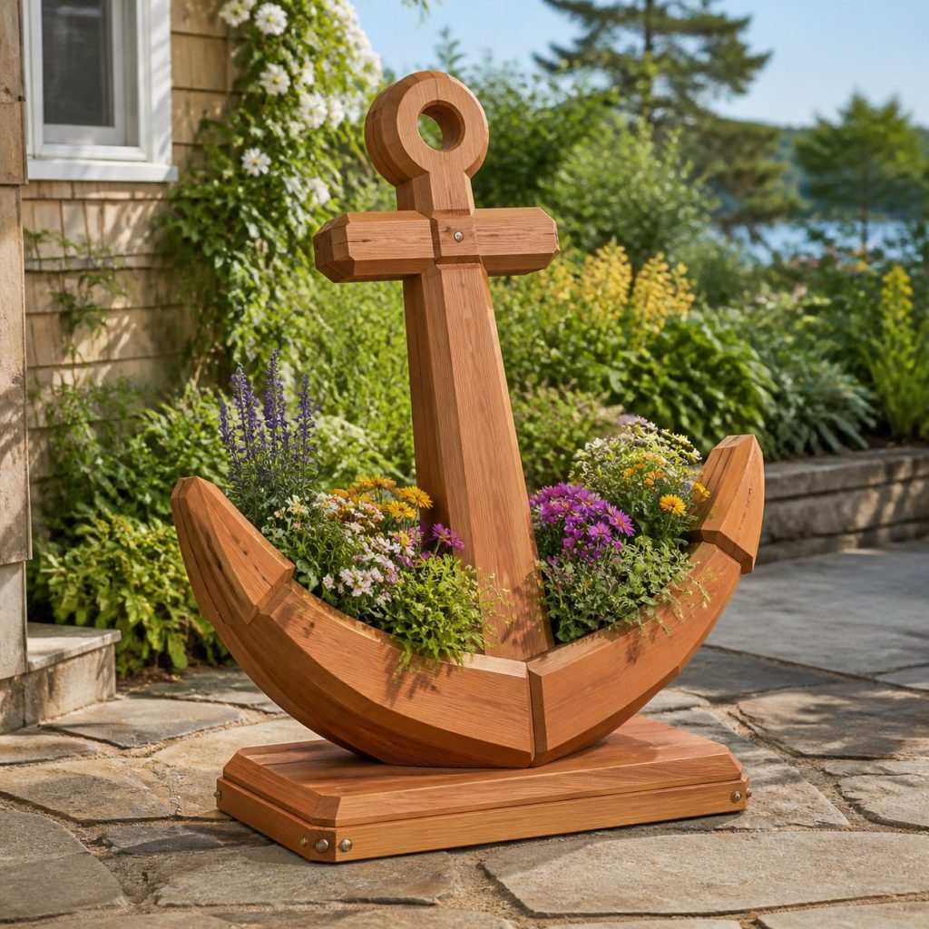 Modern Geometric Anchor shown as a square photorealistic cedar anchor-shaped garden planter filled with flowers