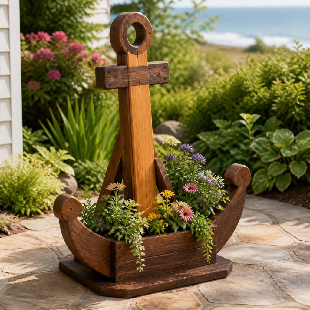 Two-Tone Cedar Anchor shown as a square photorealistic cedar anchor-shaped garden planter filled with flowers