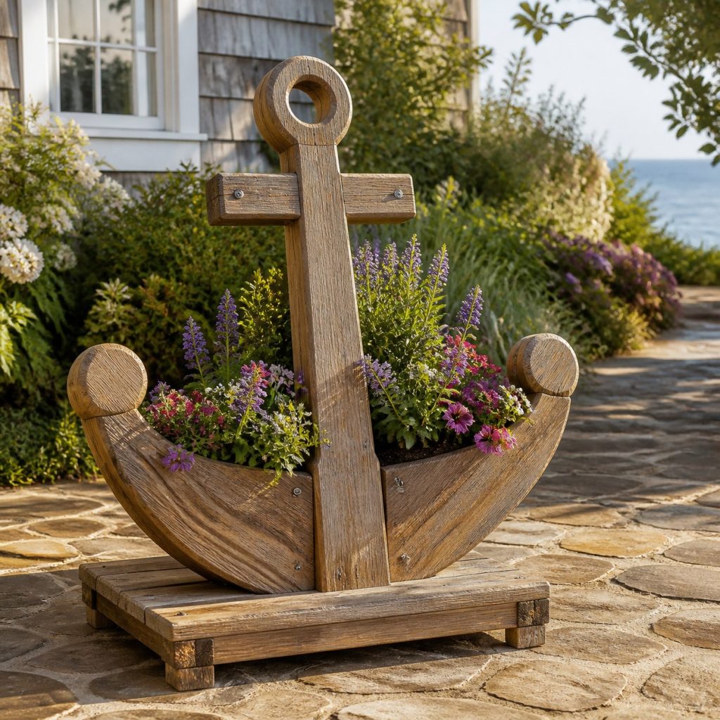 Weathered Cottage Anchor shown as a square photorealistic cedar anchor-shaped garden planter filled with flowers