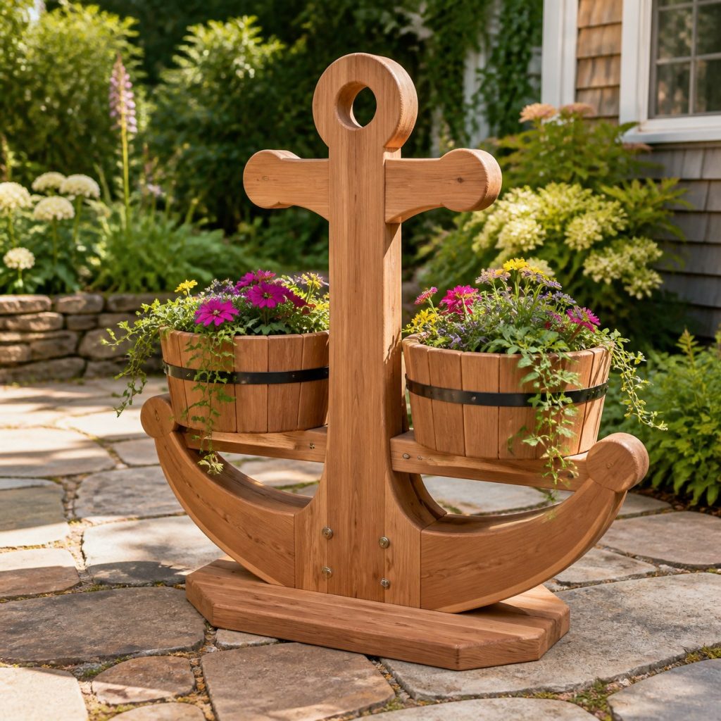 Anchor with Twin Flower Pots shown as a square photorealistic cedar anchor-shaped garden planter filled with flowers