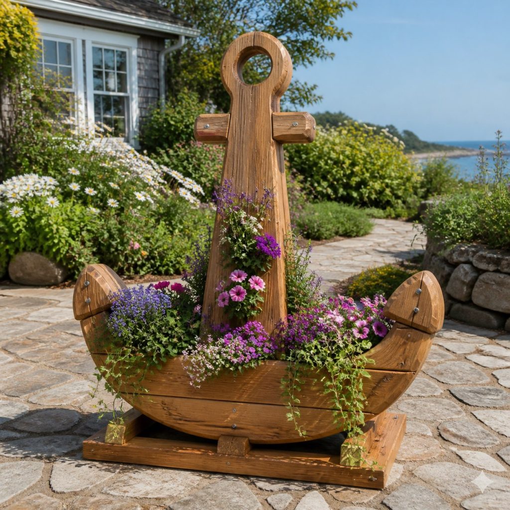 Trailing-Flower Anchor shown as a square photorealistic cedar anchor-shaped garden planter filled with flowers