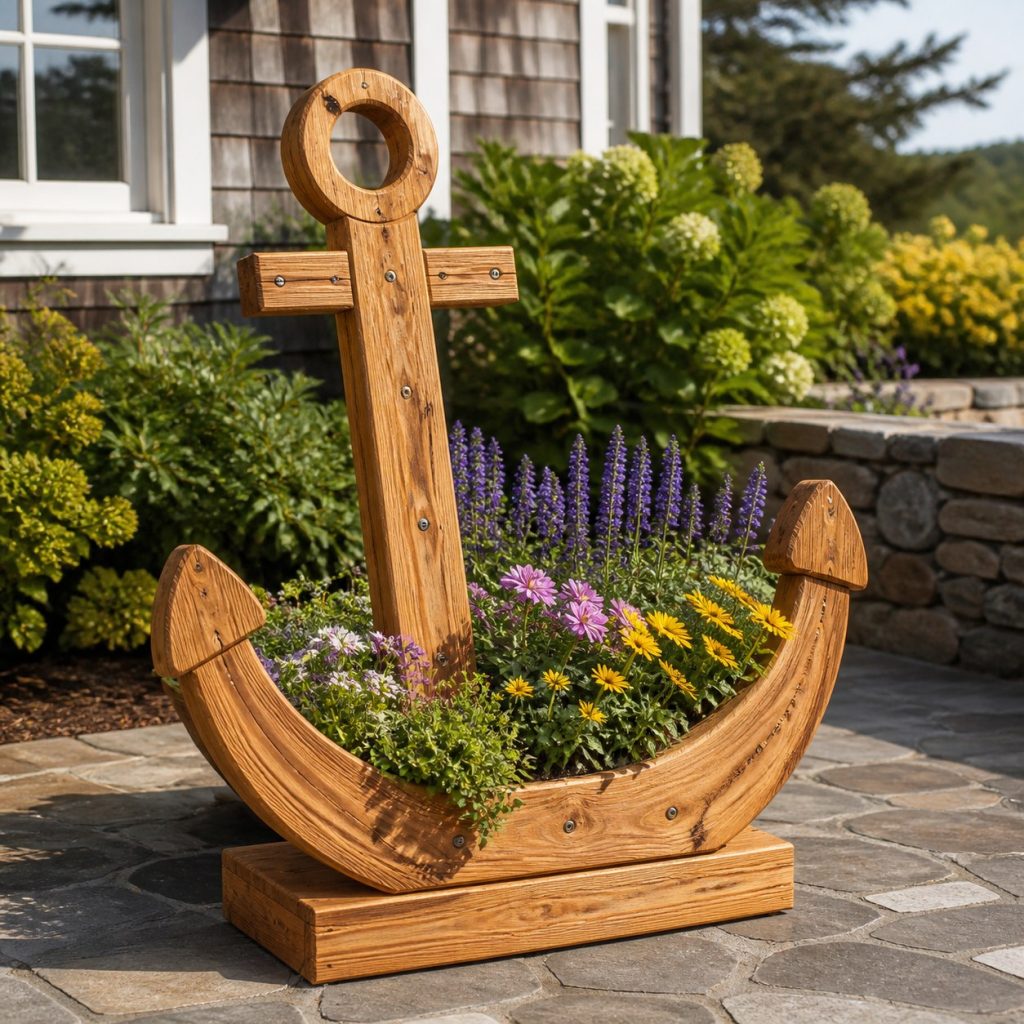 Large Grass-Filled Anchor shown as a square photorealistic cedar anchor-shaped garden planter filled with flowers