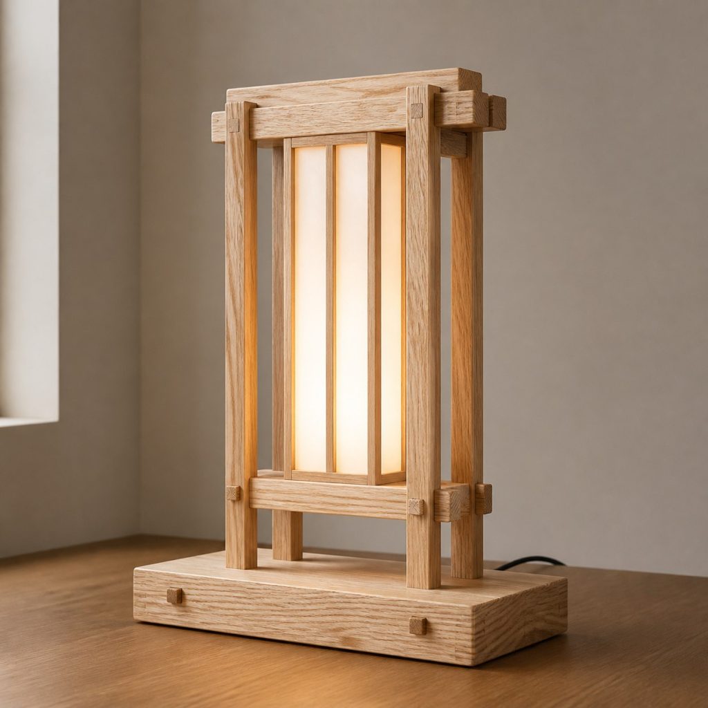 Wedged-Tenon Ash Frame Lamp shown as an original square photorealistic ash wood lamp with authentic grain, warm diffused light, and a short dark power cord