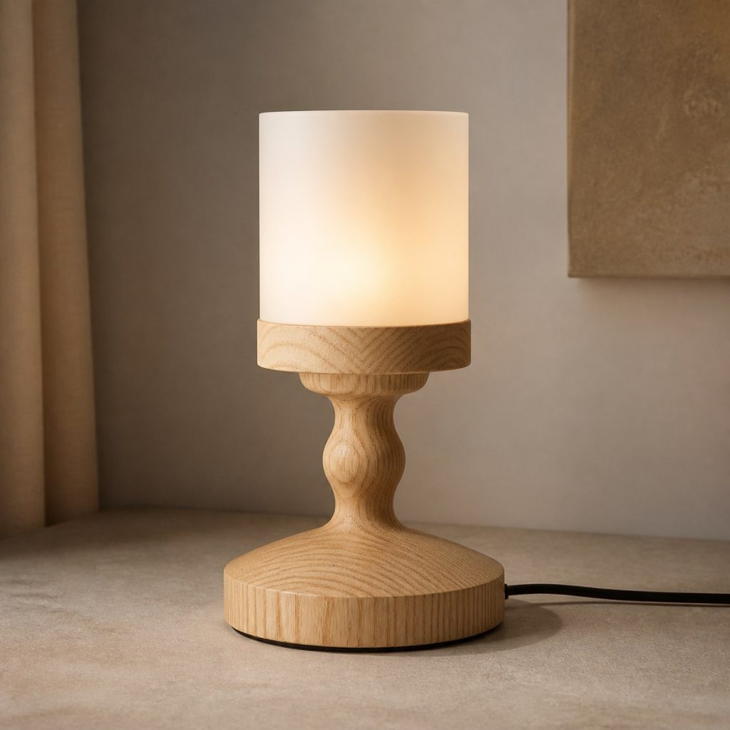 Turned Ash Bedside Lamp shown as an original square photorealistic ash wood lamp with authentic grain, warm diffused light, and a short dark power cord