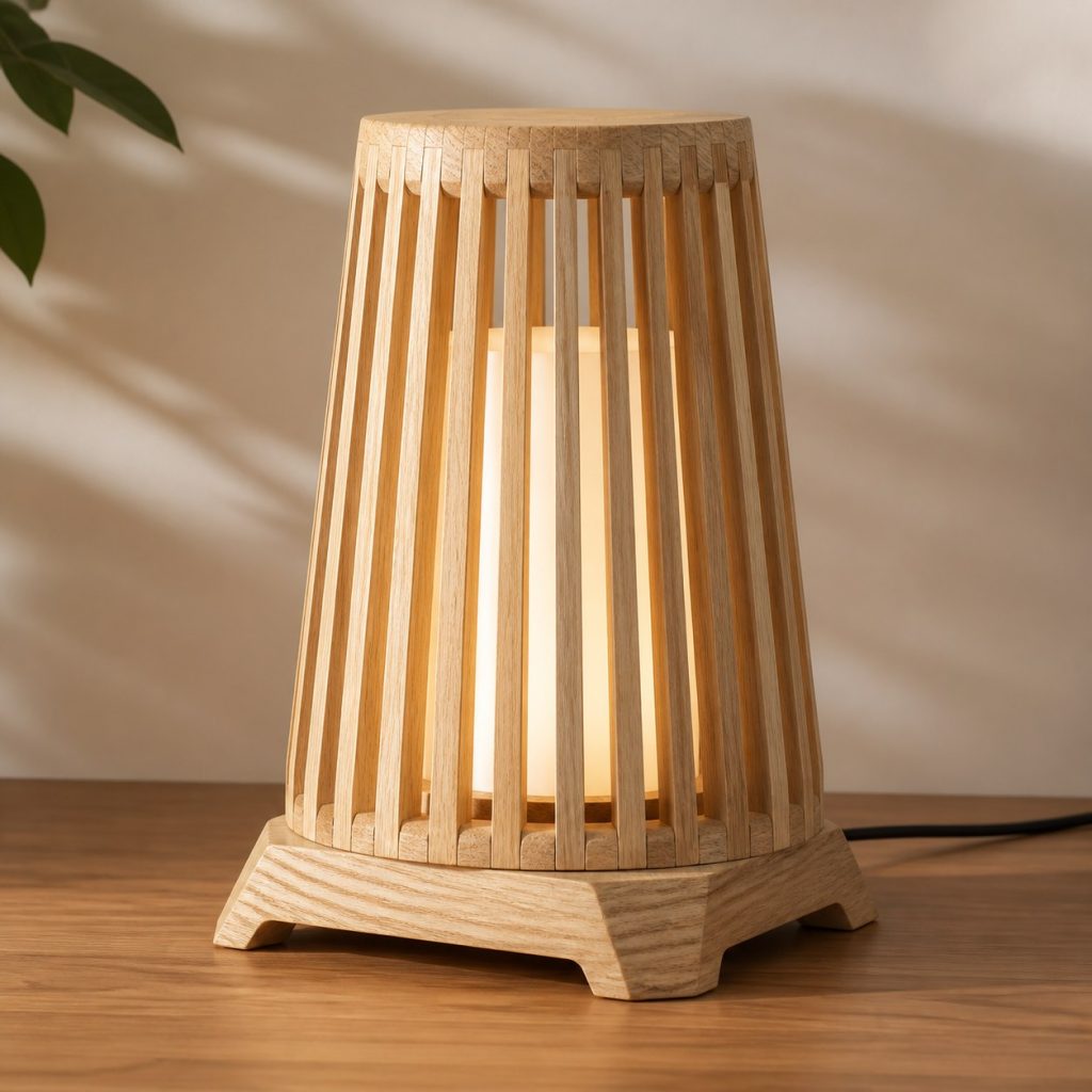 Slatted Ash Lantern Lamp shown as an original square photorealistic ash wood lamp with authentic grain, warm diffused light, and a short dark power cord