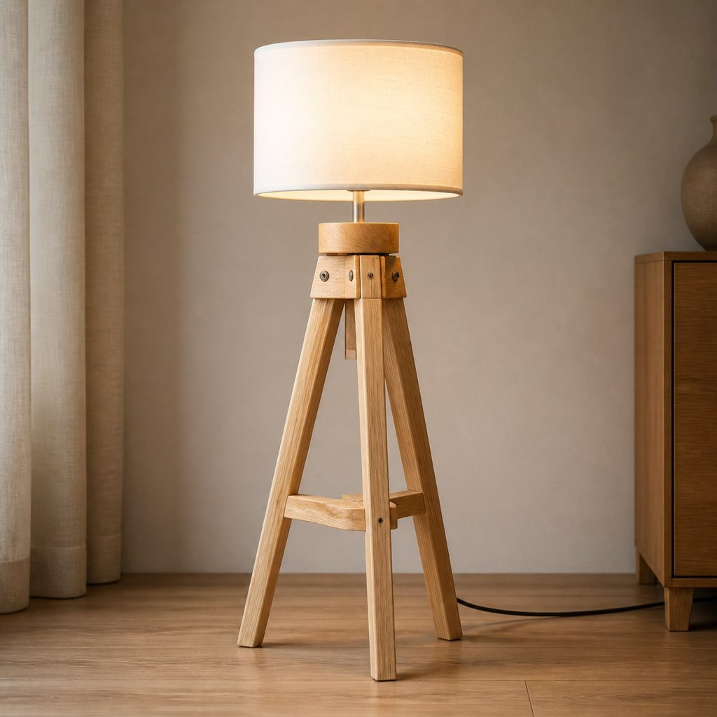 Ash Tripod Reading Lamp shown as an original square photorealistic ash wood lamp with authentic grain, warm diffused light, and a short dark power cord
